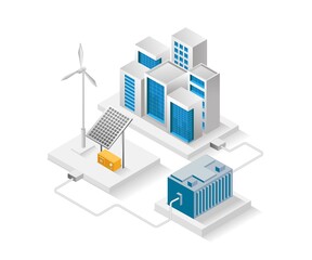Flat isometric concept illustration. city building with solar energy storage panels