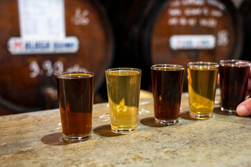 Tasting of different sweet wines from wooden barrels on old bodega in central part of Malaga, Andalusia, Spain