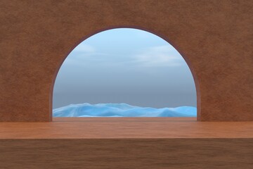 sand stone wall with arch door, sea and sky view 3D background, minimal background