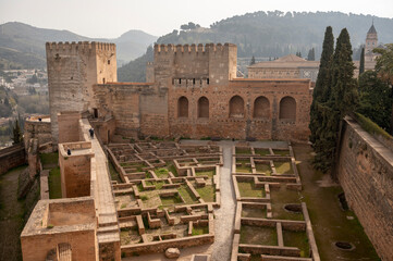 Walls, gardens and buidings of medieval fortress Alhambra, Granada, Andalusia, Spain