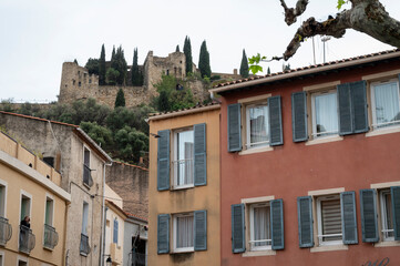 Fototapeta premium Rainy day in South of France, narrow streets and colorful buildings in Cassis, Provence, France