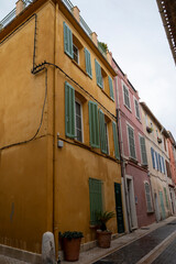 Rainy day in South of France, narrow streets and colorful buildings in Cassis, Provence, France