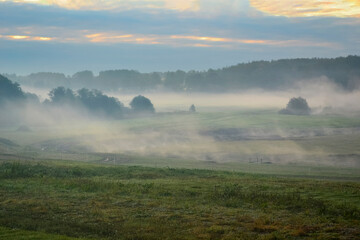Morning fog at dawn, Borodino field near Moscow