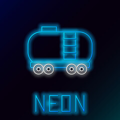 Glowing neon line Oil railway cistern icon isolated on black background. Train oil tank on railway car. Rail freight. Oil industry. Colorful outline concept. Vector