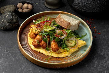 Gentle omelet with sausages and fresh salad on clay plate