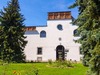 Naklejka premium Entrance building to the medieval Dubno Castle at Dubno town, Rivne region, Ukraine. Travel destinations in Ukraine. Scenic view of the castle, which was founded by Konstantin Ostrogski.