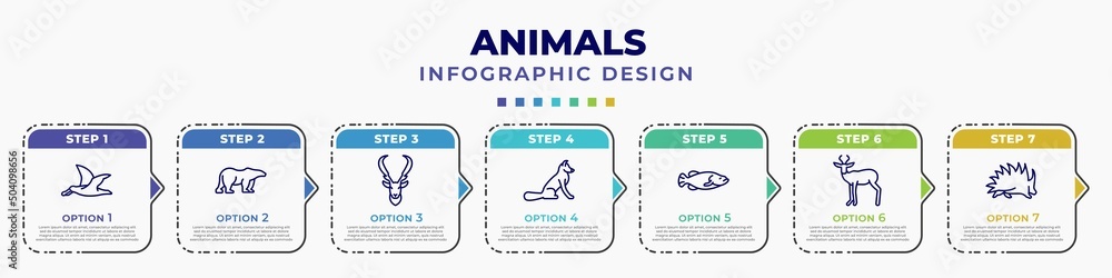 Sticker infographic template with icons and 7 options or steps. infographic for animals concept. included albatross, polar bear, elk, fox sitting, big fish, antelope, porcupine editable vector.