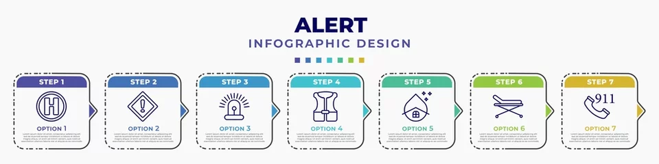 Foto op Plexiglas infographic template with icons and 7 options or steps. infographic for alert concept. included hel, emergency, siren, life vest, water hose, stretcher, 911 editable vector. © IconArt