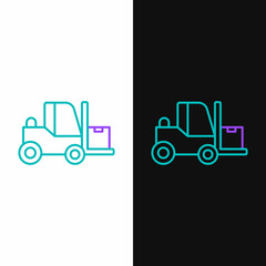 Line Forklift truck icon isolated on white and black background. Fork loader and cardboard box. Cargo delivery, shipping, transportation. Colorful outline concept. Vector