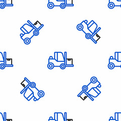 Line Forklift truck icon isolated seamless pattern on white background. Fork loader and cardboard box. Cargo delivery, shipping, transportation. Colorful outline concept. Vector