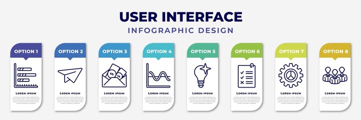 infographic template with icons and 8 options or steps. infographic for user interface concept. included bars chart page, flying origami airplane, dollars in a mail, sine wave, new idea, rule, user