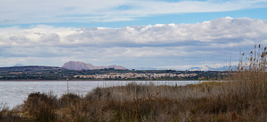 Laguna Salada in Torrevieja, Spain. Pink Salted lake. Salinas Natural Park.