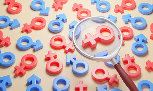Male and female gender symbols and magnifying glass. The concept of finding a partner or lover. 3d render