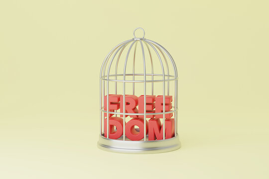Bird cage is closed and the word FREEDOM is closed inside. 3d render