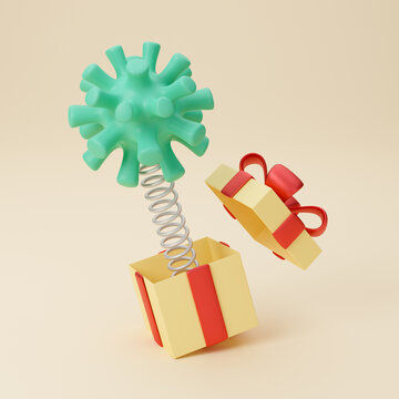 Virus as a gift. Unexpected gift virus. The virus jumps out of an open gift box. 3d render