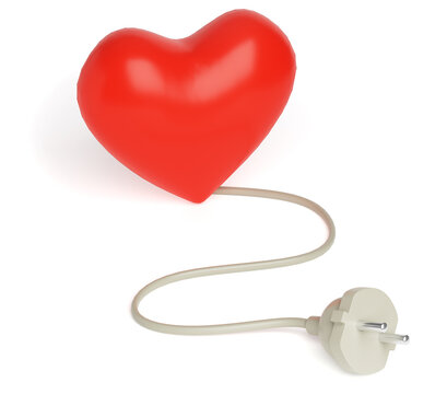 Red heart and wire with plug from socket isolated on white. 3d render