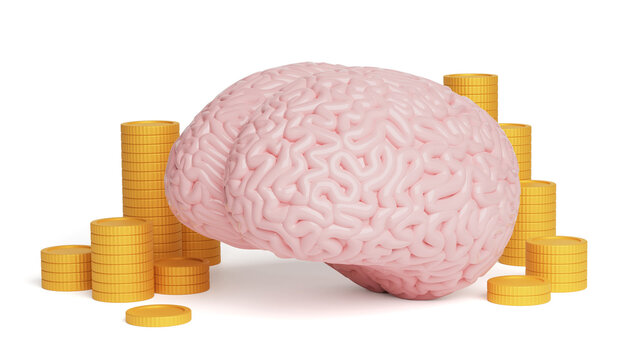 Brain and coin stacks isolated on a white background. 3d render