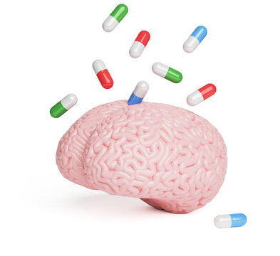 Brain and pills in capsules isolated on a white background. 3d render