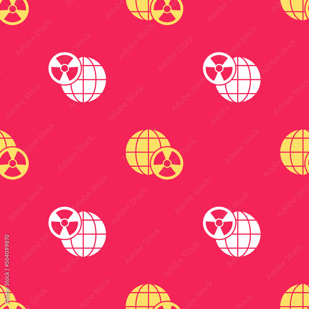 Sticker Yellow Planet earth and radiation symbol icon isolated seamless pattern on red background. Environmental concept. Vector