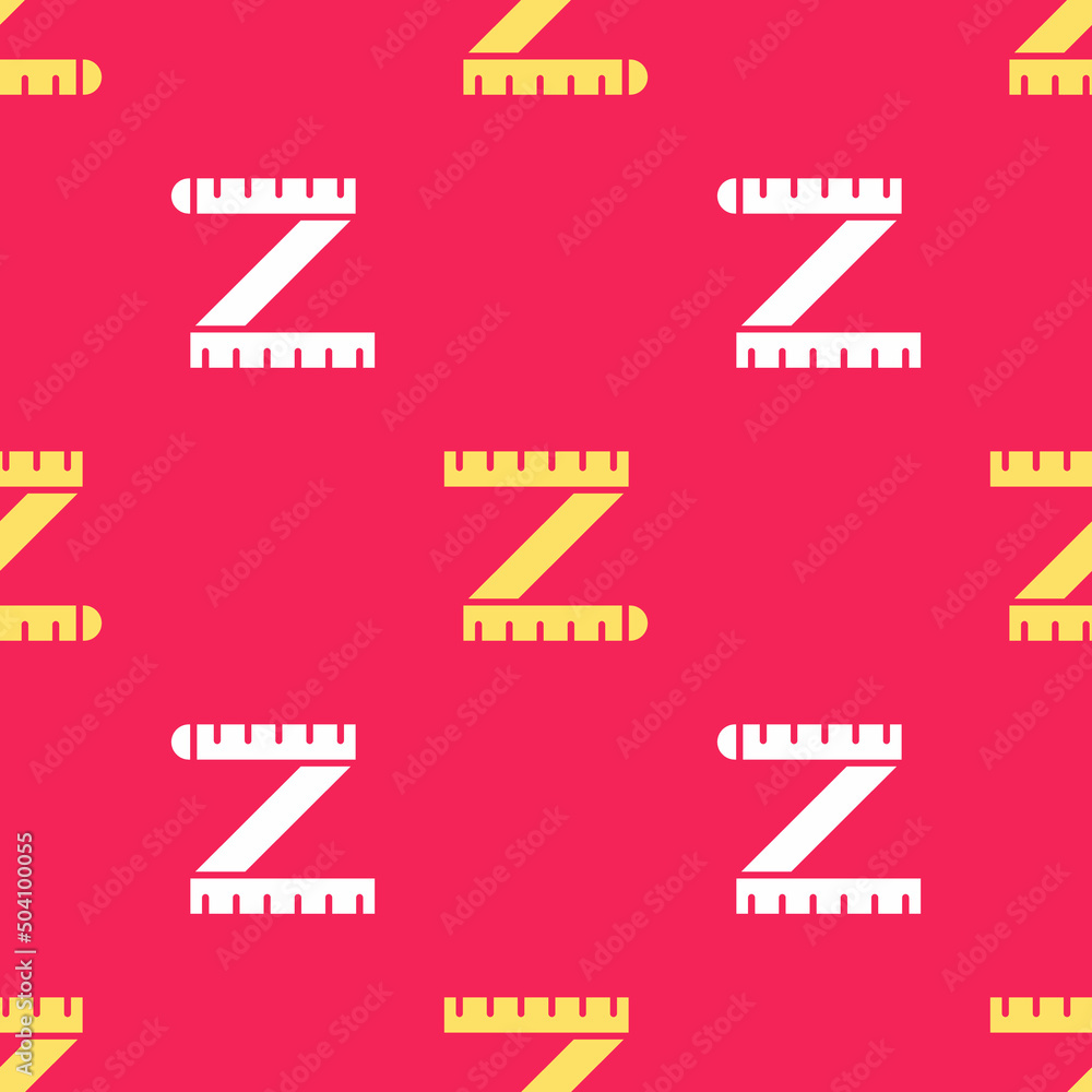 Poster yellow tape measure icon isolated seamless pattern on red background. measuring tape. vector