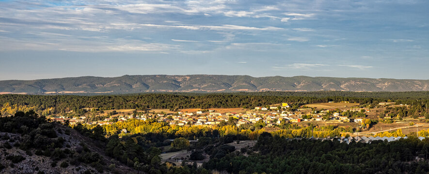 sunset landscape view in the Dehesa Boyal in Collado Villalba, Serrania de Cuenca,. Spain