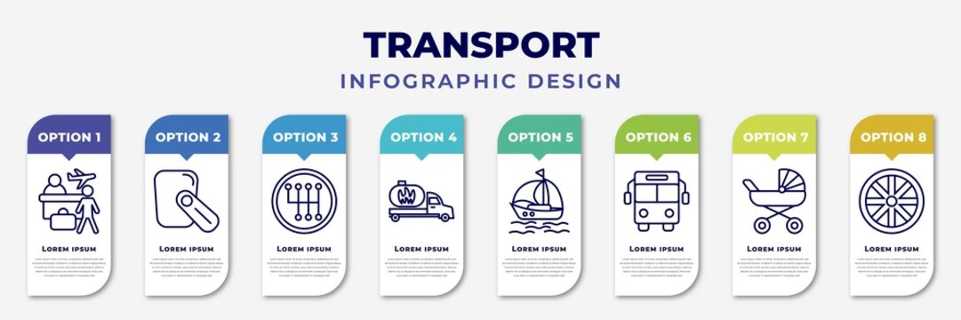 Infographic Template With Icons And 8 Options Or Steps. Infographic For Transport Concept. Included Airport Checking, Hands Free Device, Gearshift, Gas Truck, Sailing Boat With Veils, Public