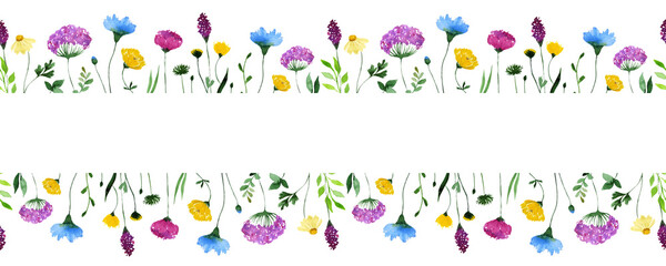 Watercolor wildflower seamless border. Floral rectangle frame with place for text.