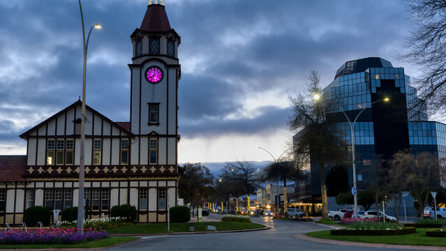 The Town Of Rotorua, New Zealand At Dusk