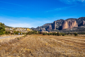 Panorama of Mallos De Riglos rocks in Huesca province, Aragon, Spain