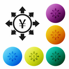 Black Coin money with Yen symbol icon isolated on white background. Banking currency sign. Cash symbol. Set icons in color circle buttons. Vector