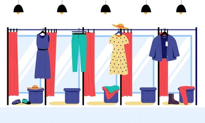 Fototapeta Shop dressing room. Clothing and shoe store empty dressing rooms with mirrors and curtains. Vector illustration obraz