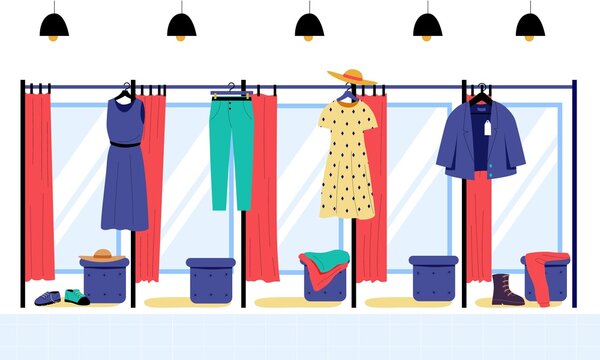 Shop dressing room. Clothing and shoe store empty dressing rooms with mirrors and curtains. Vector illustration