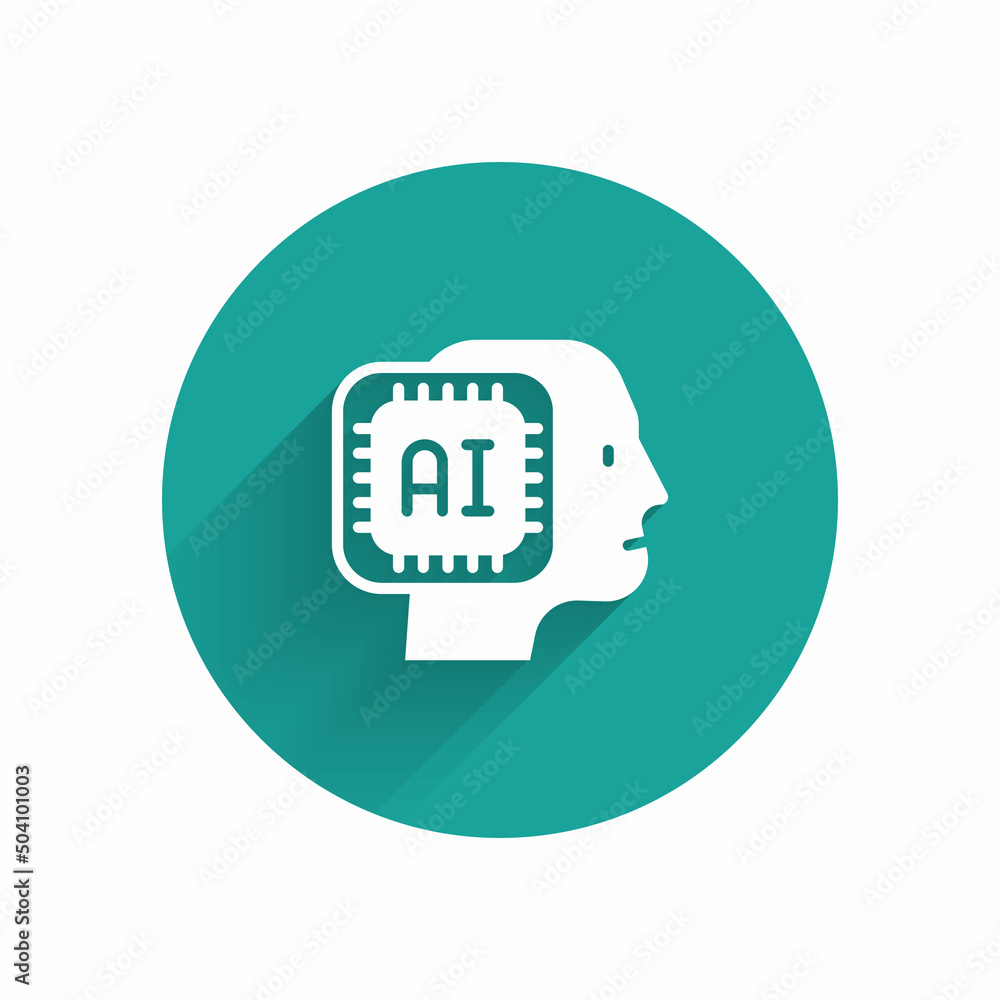 Poster white humanoid robot icon isolated with long shadow. artificial intelligence, machine learning, clou