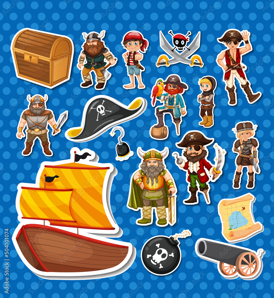 Canvas Prints sticker pack of pirate cartoon characters and objects
