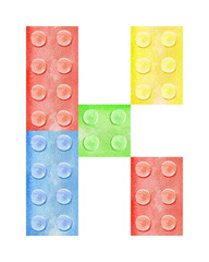 Watercolor colorful letter K of alphabet from plastic building bricks on white background. 3d letter K
