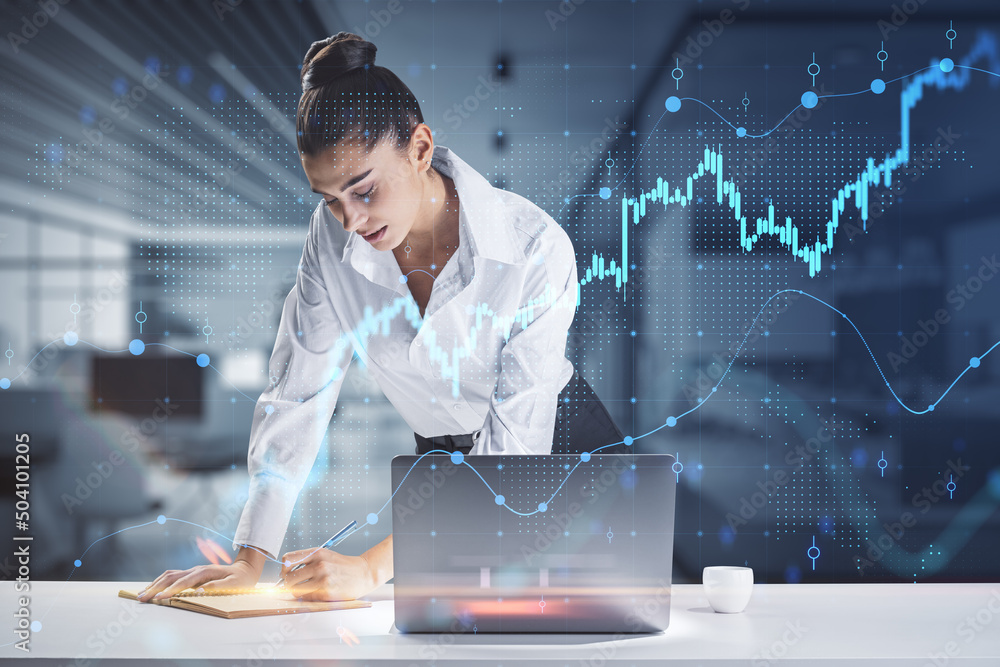 Aufkleber financial analyzing and market forecast concept with young woman working with data, making notes in 