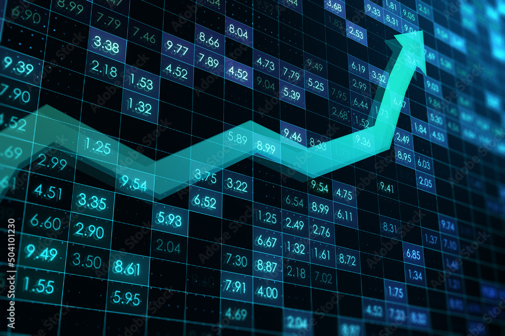 Poster creative digital financial numbers or index data on blurry background with growin arrow. stock marke