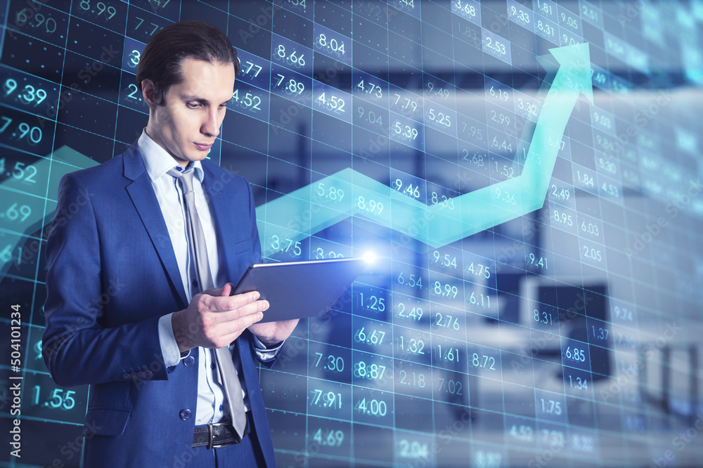 Poster businessman with tablet standing in office interior with creative digital financial numbers or index