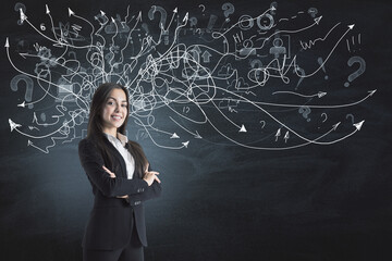 Portrait of attractive thoughtful young european businesswoman standing on chalkboard/blackboard...