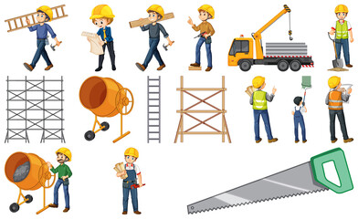 Set of construction site objects and workers