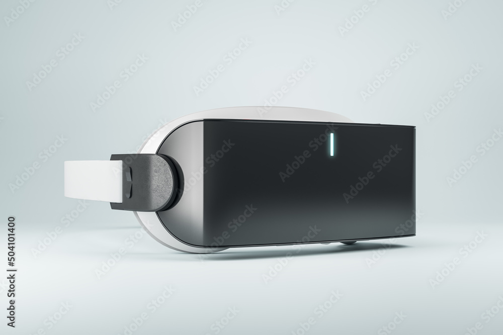 Poster Virtual reality concept with side view on modern black and white VR headset on light backdrop. 3D rendering