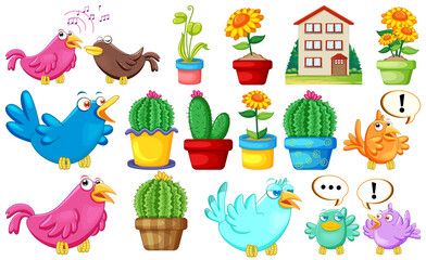 Different house designs and cute birds