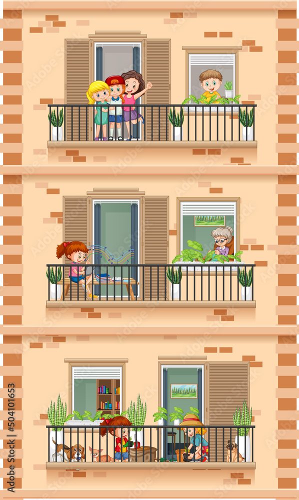 Wall mural Apartment windows with neighbors cartoon character