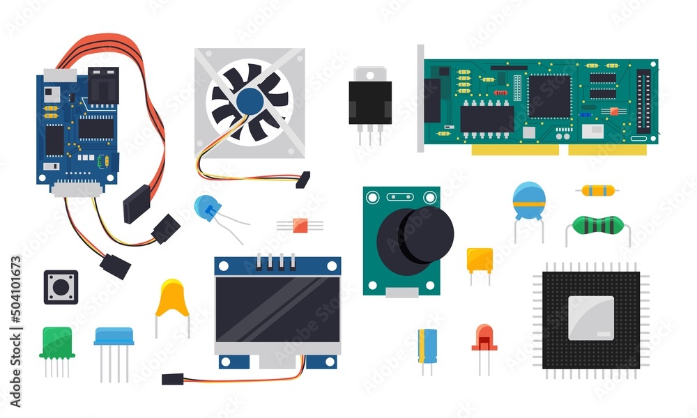 Poster diy controller. electric and mechanical components for microcontroller and smart home circuit board,