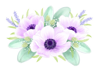 アネモネのブーケ　水彩イラスト