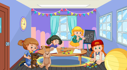 Kindergarten classroom with children