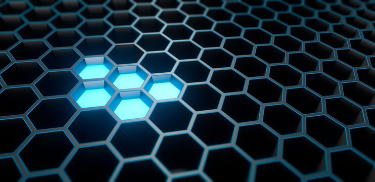 Black hexagonal structure with blue elements