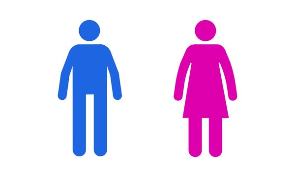 Stick man and woman. Male and female toilet icon, black human figure silhouette, boy and girl gender pictogram. Vector illustration