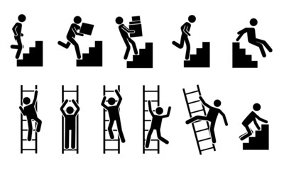 Stick man go up. Black pictograms of people climbing on staircase and ladder, stickman silhouettes. Vector movement and success concept