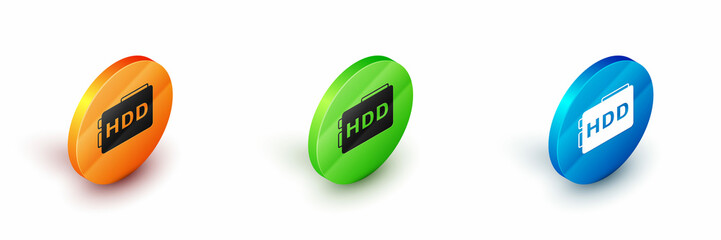 Isometric Hard disk drive HDD icon isolated on white background. Circle button. Vector